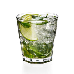 Glass of mojito with lime, mint and ice isolated on white background.