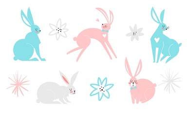 Set of cute Easter cartoon characters rabbits and design elements. Bunny and flowers. Animals in a flat style isolated on white background. cute characters set, for Easter, kids and baby t-shirts
