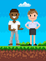 Man and woman characters standing outdoor, superheroes cooperation, adventure pixel game, people standing on grass, cloudy sky, team portrait view vector
