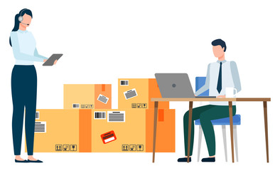 Teamwork cooperation with cardboard boxes and communication with computer. Man and woman working with parcel symbols and laptop wireless device. Business with China packages in office vector