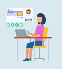 Office worker lady sitting by computer vector, isolated person with laptop and information, profile of user flat style. Female checking info on web icons