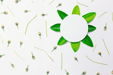 paper circle with green leaf on top right and small flower