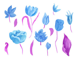 Watercolor set blue tulips with classic blue leaves. Clipart collection of botanical spring flowers on white isolated background hand drawn. Design for weddings, gift cards,wrapping paper, textiles.