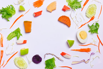 vegetable and fruit and egg on white background