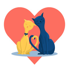 A couple of cute cats in love on the background of the heart. Flat vector illustration in trendy colors