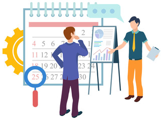 Businessman thinking on time management and work organization vector. Person with assistant holding clipboard, magnifying glass zooming tool flat style