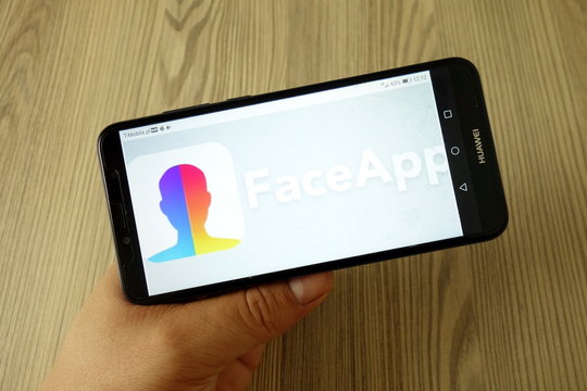 KONSKIE, POLAND - July 29, 2019: FaceApp logo on mobile phone