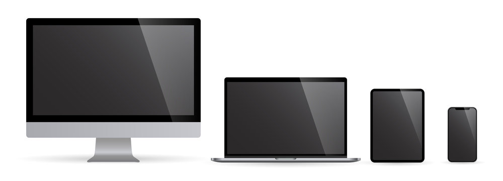 Realistic set of computer monitors desktop laptop tablet and phone black screen v3. Illustration vector illustrator Ai EPS	