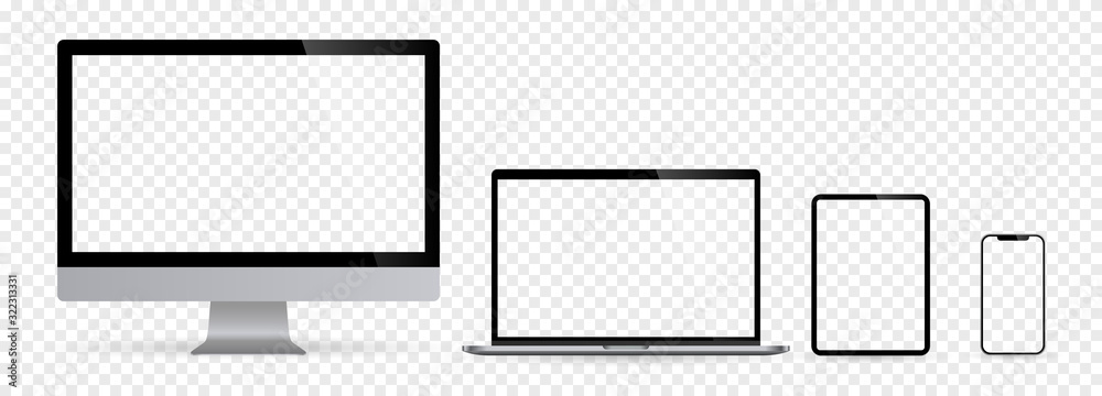 Wall mural realistic set of computer monitors desktop laptop tablet and phone with checkerboard screen and back