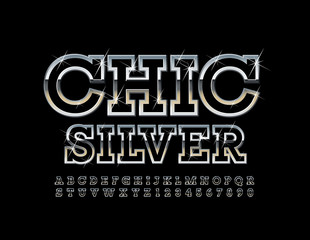 Vector Chic Silver Font with sparkling Stars. Stylish Metallic Aiphabet Letters and Symbols.