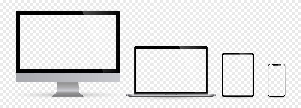 Realistic set of computer monitors desktop laptop tablet and phone with checkerboard screen and background v3. Isolated illustration vector illustrator Ai EPS