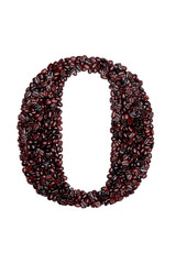 Letter O of the English alphabet of freshly roasted cocoa beans on a white isolated background. coffee pattern made from coffee beans
