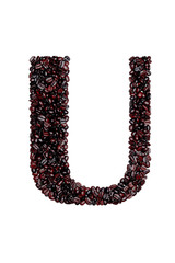Letter U of the English alphabet of freshly roasted cocoa beans on a white isolated background. coffee pattern made from coffee beans