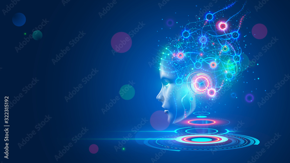 Poster Artificial intelligence. AI head with neural network brain hanging over virtual digital podium. Wise female face in cyberspace. Machine learning. Mind of cyborg or robot in vr reality. Future concept