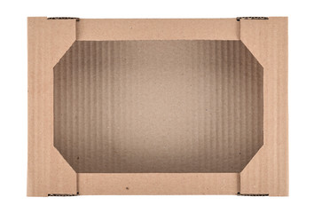 Cardboard box made of durable craft cardboard with a window isolated on a white background. Top view.