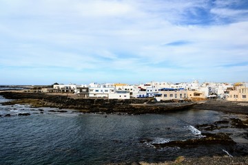 View of El Cotillo buildings. El Cotillo coastal town in the municipality of la Oliva, located in the northern part of Fuerteventura, Canary Islands.
