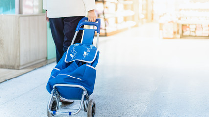 Women took a portable trolley car shopping in the supermarket
