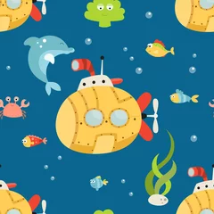 Behang Zeeleven naadloos patroon met schattige onderwaterdieren, onderzeeërs en vissen. Vectorillustratie. Geweldig voor behang, babykleding, wenskaarten, inpakpapier. © Nursery Art