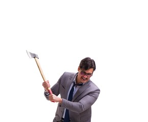 Angry businessman with axe isolated on white