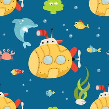Sea life seamless pattern with cute underwater animals, submarines and fishes. Vector Illustration. Great for wallpaper, baby clothes, greeting card, wrapping paper.