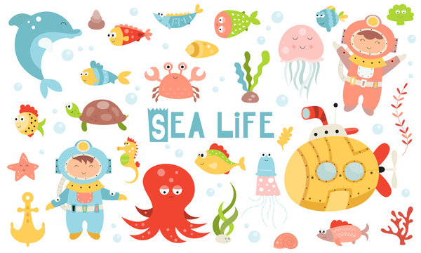 Cute sea life set. Hand drawn. Doodle cartoon underwater animals and fishes for nursery posters, cards, t-shirts. Vector illustration. Ocean fish, octopus, submarine, diver.