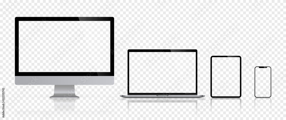 Wall mural realistic set of computer monitors desktop laptop tablet and phone reflect with checkerboard screen 