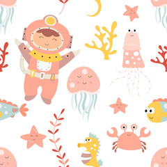 Sea life seamless pattern with cute diver girl, jellyfish, crab, seahorse. Underwater background. Vector Illustration. Great for wallpaper, baby clothes, greeting card, wrapping paper.