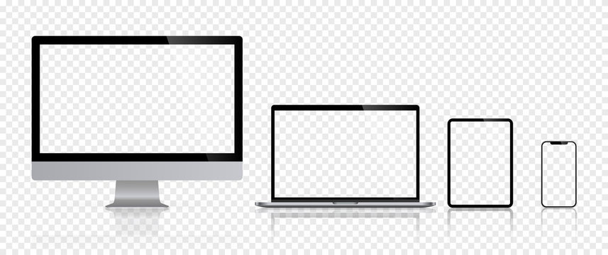 Realistic set of computer monitors desktop laptop tablet and phone reflect with checkerboard screen and background v3. Isolated illustration vector illustrator Ai EPS
