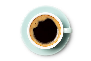 blue coffee cup top view closeup isolated on white background.
