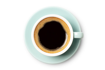 blue coffee cup top view closeup isolated on white background.