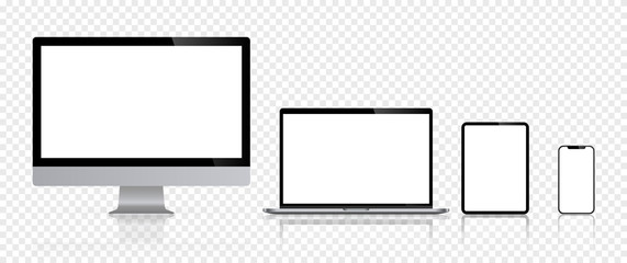 Realistic set of computer monitors desktop laptop tablet and phone reflect with white screen and checkerboard background v3. Isolated illustration vector illustrator Ai EPS