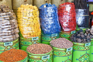 Moroccoan colorful spices, herbs, stalls at markets and souks