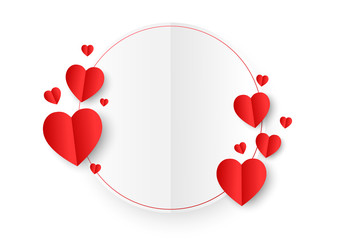 A white circle paper cut style surround by red paper heart shape on white background.