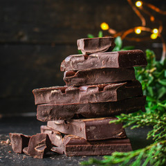 chocolate (delicious cocoa dessert, pieces of sweets) menu concept. food  background top view. copy...