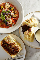 Grilled meat and cheese sandwich with potage and risotto