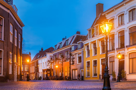 Historic houses on the Pieterskerkhof in the old city center of Leiden, The Netherlands
