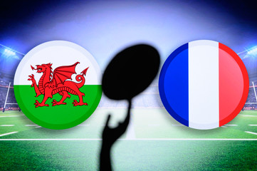 Wales vs France, Six nations Rugby match, Rugby ball in hand silhouette