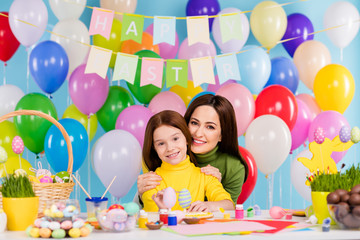 Portrait of nice attractive lovely charming sweet careful creative cheerful girls creating handmade...