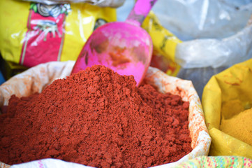 Moroccoan colorful spices, herbs, stalls at markets and souks
