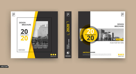Abstract patch brochure cover design. Black info data banner frame. Techno title sheet model set. Modern vector front page art. Urban city blurb texture.Yellow citation figure icon. Ad flyer text font