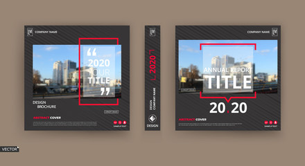 Abstract patch brochure cover design. Black info data banner frame. Techno title sheet model set. Modern vector front page art. Urban city blurb texture. Red citation figure icon. Ad flyer text font