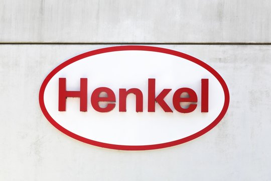 Ballerup, Denmark - September 10, 2017: Henkel logo on a wall. Henkel is a German chemical and consumer goods company headquartered in Dusseldorf, Germany