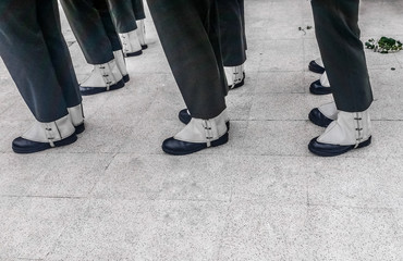 Close up view of Turkish soldiers trousers, boots and gaiters