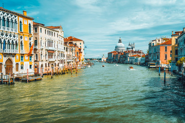 Venice, Italy. Spring season trip on Grand Canal and Basilica Santa Maria della Salute at sunny day - obrazy, fototapety, plakaty