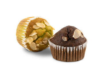 Freshly baked homemade banana  cupcakes on white background with clipping path.