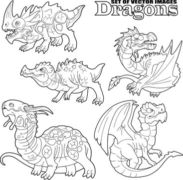 cartoon ancient dragons, coloring book, set of funny images