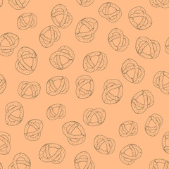 Pretzel seamless pattern of brown color. Hand drawn line drawing. Doodles. Packaging for baking, printing for textiles. Delicious pastries.Vector