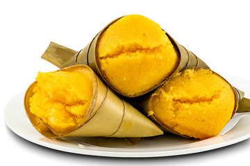 Toddy Palm Cake or Kanom Tarn, the local Thai dessert in ceramic plate on white background with Clipping Path.