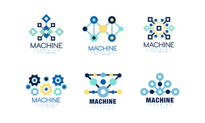 Learning Machine Logo Design Collection, Artificial or Human Intelligence, Business Analytics Labels Vector Illustration