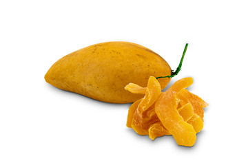 Ripe mango and dehydrated mango, a kind of preserved food on white background with clipping path.